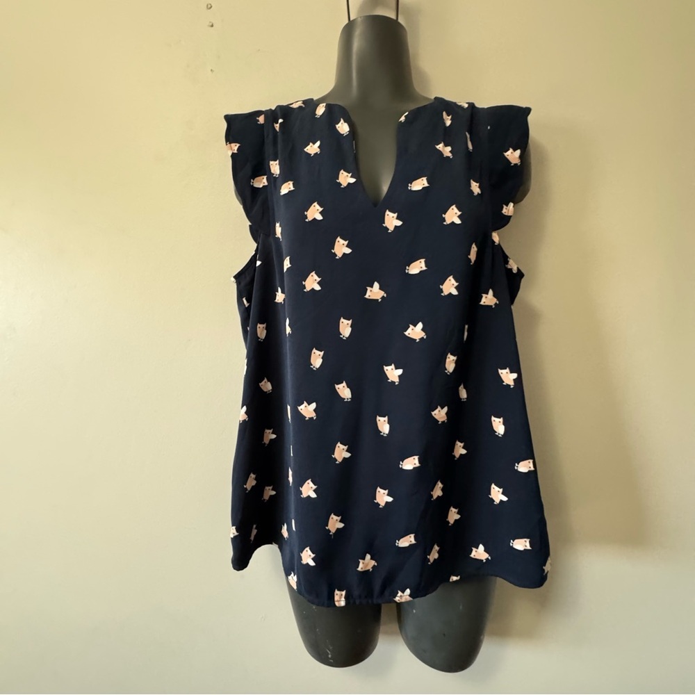 41 Hawthorn Flutter Sleeve V neck Navy Blouse with Owl Pattern Medium